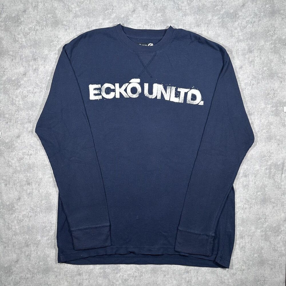 Y2K Ecko Unltd Navy Mens Long Sleeve Thermal Shirt Size XL Skater Grunge